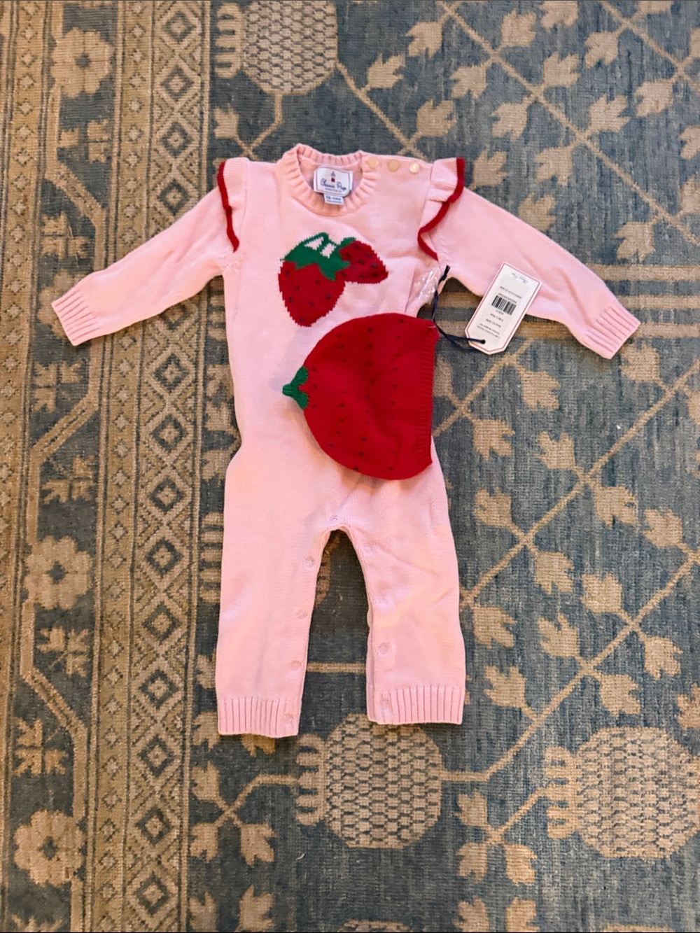 Classic Prep Pink Knit Strawberry One-Piece with Red Strawberry Hat